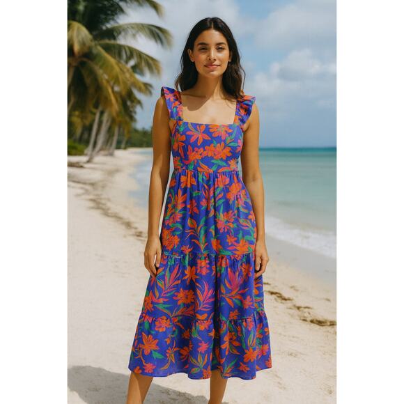 J.Crew SZ 2 Square Neck Tiered Tropical Floral Midi Dress Ruffle Sleeves Pockets - Picture 1 of 7